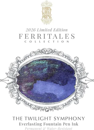 Vista 2 de Ferris Wheel Press Tinta, Ferritales Edición Limitada, La Sinfonía Crepúsculo, Índigo con Brillo Azul, Botella de Tinta para Pluma Estilográfica