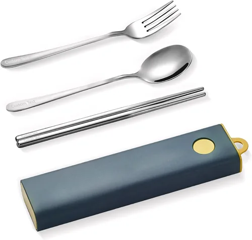 Vista 10 de Muka Juego de 3 utensilios portátiles personalizados, palillos de acero inoxidable, tenedor, cuchara de viaje con logotipo personalizado y nombre