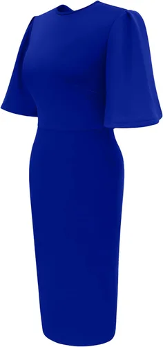 Vista 2 de Memoriesea - Vestido de tubo entallado para mujer, diseño de mangas cortas acampanadas con volantes, largo por debajo de la rodilla