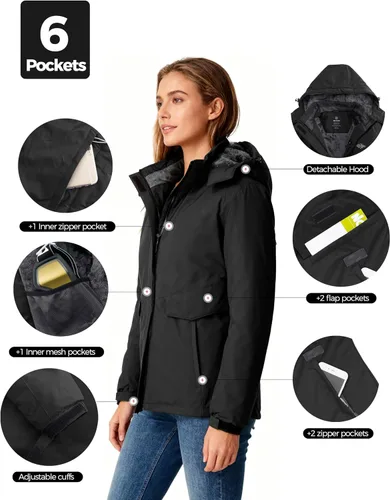 Vista 6 de Wantdo - Chaqueta de esquí impermeable para mujer, abrigo de invierno cálido y resistente al viento, abrigos de nieve