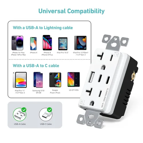 Vista 5 de WEBANG Toma de corriente USB, 6.0 amperios 3 puertos USB cargador de pared, receptáculo dúplex de 20 A resistente a manipulaciones con 2 puertos USB