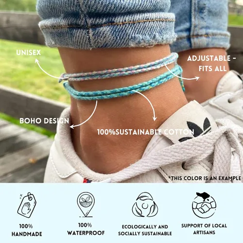 Vista 3 de Made by Nami 2 piezas de pulseras de cuerda de onda para tobillo para mujer, impermeables y ajustables, pulsera de tobillo delgada trenzada Conjunto