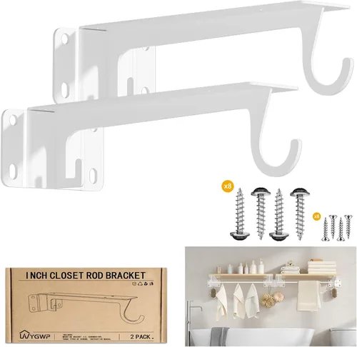 Vista 9 de Soportes para barra de armario, soporte resistente de 400 libras, soportes de estante de armario con soporte para barra para armario, baño y cocina