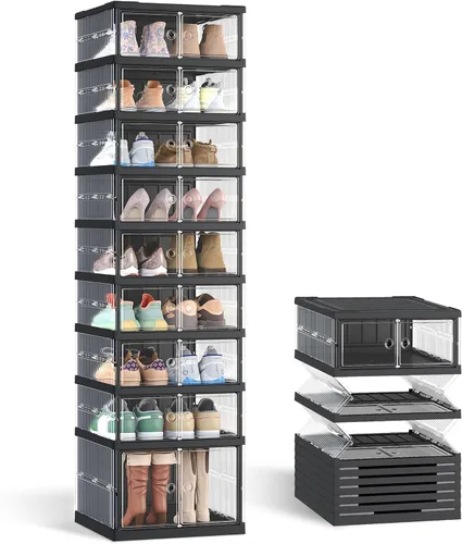 Vista 8 de SONGMICS Organizador plegable de almacenamiento de zapatos para armario, armario apilable para tenis con puerta magnética, contenedores grandes