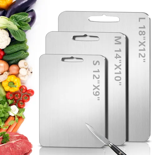 Vista 9 de Tabla de cortar de titanio para cocina, no tóxica de doble cara, paquete de 3 100% titanio puro, apto para lavavajillas, a prueba de óxido, tablas