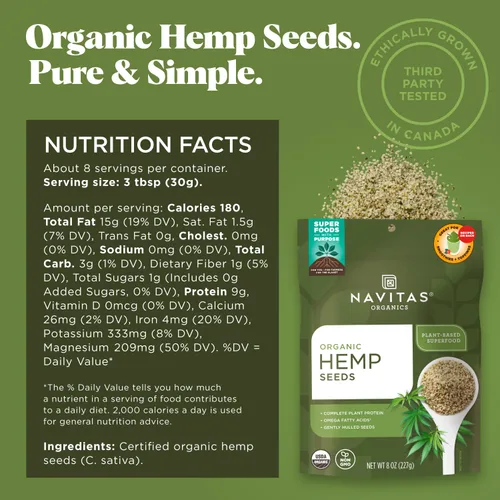 Vista 2 de Navitas Organics Bolsa de semillas de cáñamo crudas orgánicas, 15 porciones, orgánica, sin OMG, cáscara de baja temperatura, sin gluten, 8 onzas