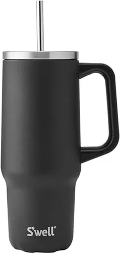 Vista 9 de S'well Vaso de acero inoxidable reciclado XL con popote y asa, 40 onzas, azurita, contenedor aislado al vacío de triple capa mantiene las bebidas