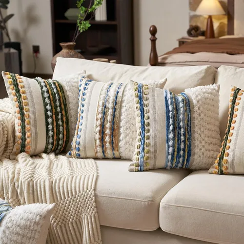 Vista 6 de Aeckself Fundas de almohada bohemias de chenilla con borlas tuftadas de 18x18 pulgadas, juego de 2, fundas decorativas rústicas a rayas cuadradas