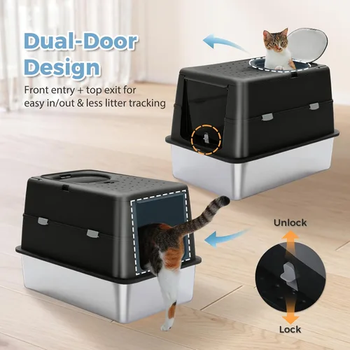 Vista 3 de PAWZ Road Caja de arena para gatos de acero inoxidable, caja de arena cerrada XL extra grande con bandeja de metal antiadherente, lados de 16