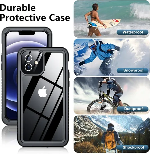 Vista 5 de Funda impermeable para iPhone 12, impermeable, antideslizante, a prueba de golpes, para iPhone 12, color negro