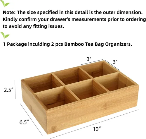 Vista 3 de Dicunoy Paquete de 2 organizadores de bolsas de té de bambú, almacenamiento de bolsas de té de madera para cajones con 6 compartimentos espaciosos