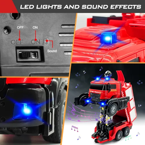 Vista 10 de Grarain Camión de bomberos a control remoto con sonidos LED, juguete de automóvil a control remoto con 3 camiones de bomberos pequeños y 10 modelos