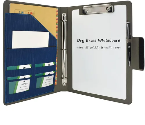 Vista 5 de Carpeta de 3 anillos con portapapeles de pizarra blanca y bolsa de documentos expandida, carpeta de anillos de padfolio organizador de negocios Azul