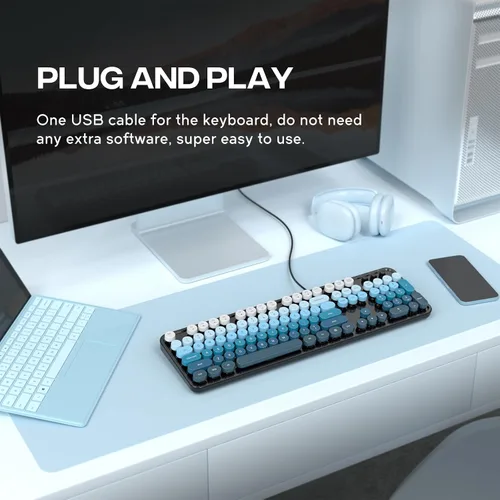 Vista 2 de MOFII Computer Keyboard Wired,Round Key Retro Typewriter Keyboard Full Size USB Plug and Play, for Laptop, PC, Desktop, Windows
