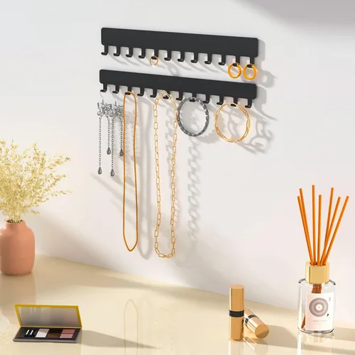 Vista 3 de Bussdis Organizador de Collares - Organizador de Joyería Colgante, Autoadhesivo, Montaje en Pared, Paquete de 2, Negro