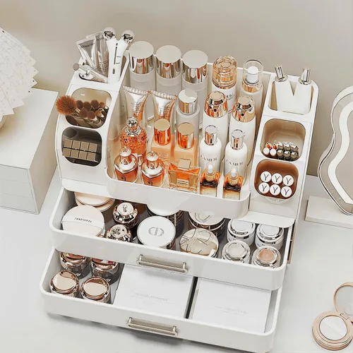 Vista 6 de Organizador de maquillaje con cajones para tocador, organizador de encimera de baño con soporte para brochas, organizador de almacenamiento