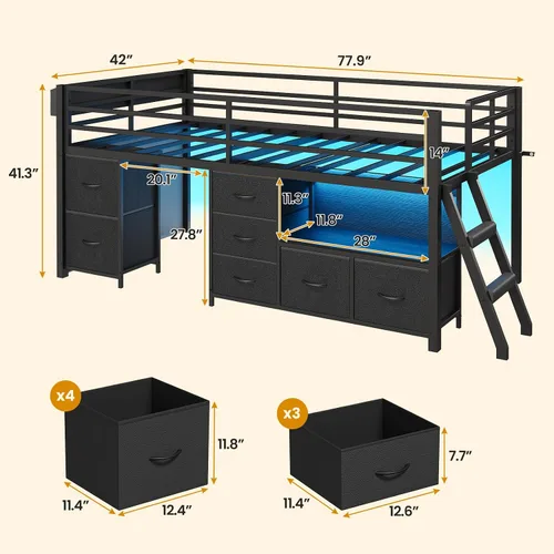 Vista 2 de ADORNEVE Cama baja tipo loft tamaño individual con 7 cajones de almacenamiento, estantería y luces LED, cama alta de metal para niños con barandilla