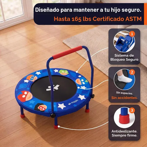 Vista 3 de Happin 36" Toddler Trampoline for Kids with Handlebar, Foldable Indoor Mini Azul y rojo