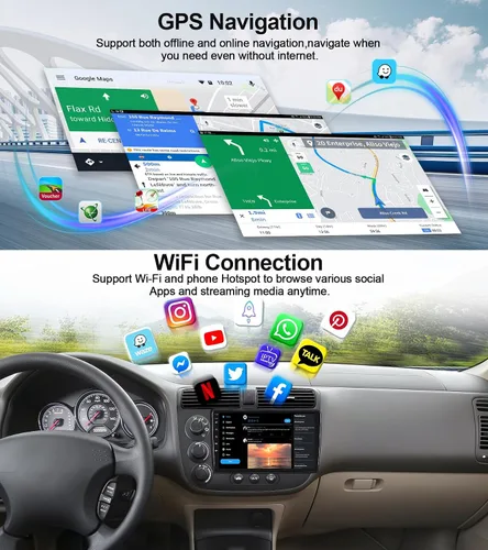 Vista 6 de Qualcomm 8-Core 4G+64G Estéreo de coche para Honda Civic 2001 2002 2003 2004 2005 con CarPlay Android Auto 9 "IPS pantalla táctil Android 15 Radio