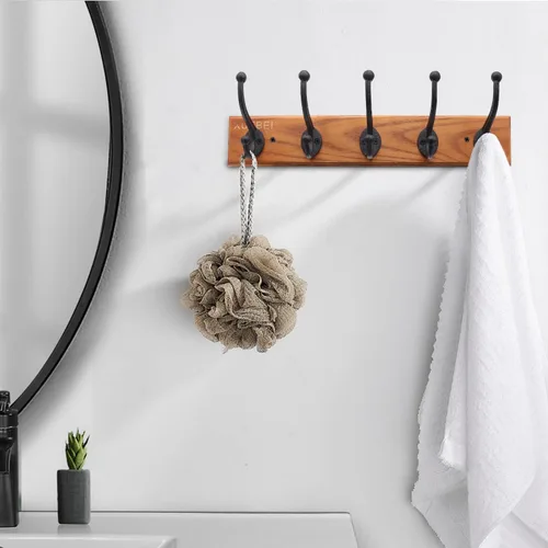 Vista 6 de Ganchos rústicos de hierro fundido para abrigos, ganchos de pared negros, perchero resistente con 5 ganchos de pared, madera de fresno