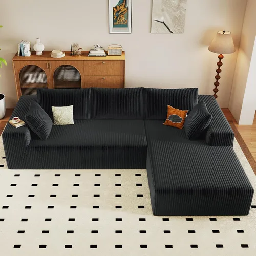 Vista 7 de Sofá seccional modular de 96", sofá en forma de L tipo nube sin estructura con chaise lounge, tapizado de pana con asiento profundo de espuma Negro