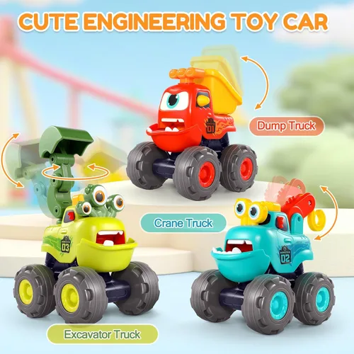 Vista 4 de Juguetes para niños de 1 año, camiones monstruo juguetes de construcción para niños pequeños 1-3 grúa camión volquete excavadora retroceso coche