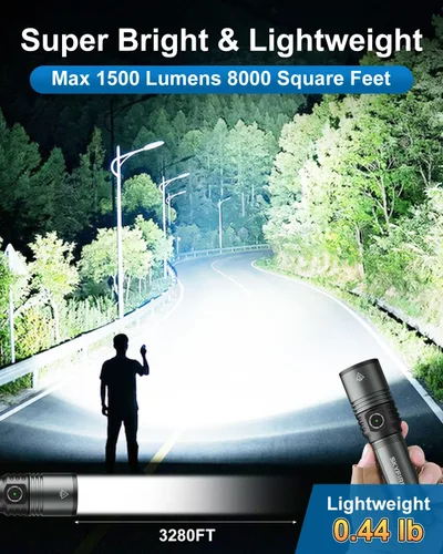 Vista 3 de Linterna LED recargable con lente de encendido, linternas EDC de 1500 lúmenes, 5 modos con zoom, tipo C, linternas tácticas de mano de alta potencia