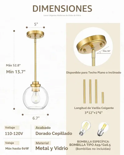 Vista 5 de PL101BG - Lámpara colgante dorada de 7 pulgadas, vidrio globo transparente, PL101BG Dorado (Gold 1)