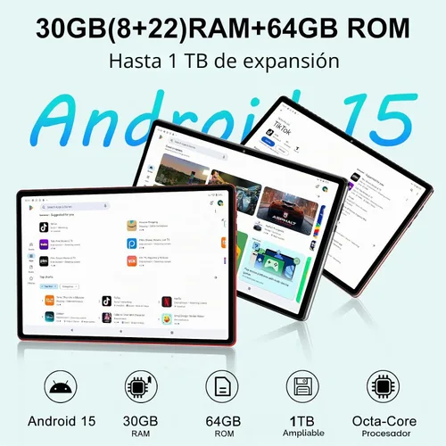 Vista 2 de 2025 Android 15 tablet de 10 pulgadas con teclado, 30GB+64GB+1TB expandibles, tabletas Octa-Core con batería de 6000mAh, pantalla HD IPS, WiFi 5G
