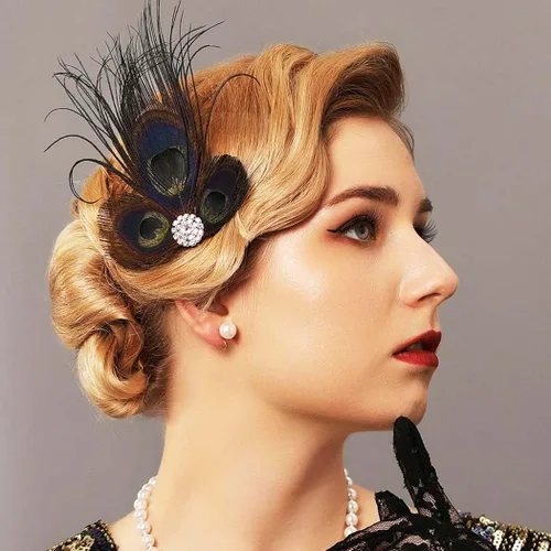 Vista 3 de GORTIN Diadema Art Deco con clip de plumas negras de los años 20 con diamantes de imitación de pavo real para mujeres, niñas, fiestas, bailes