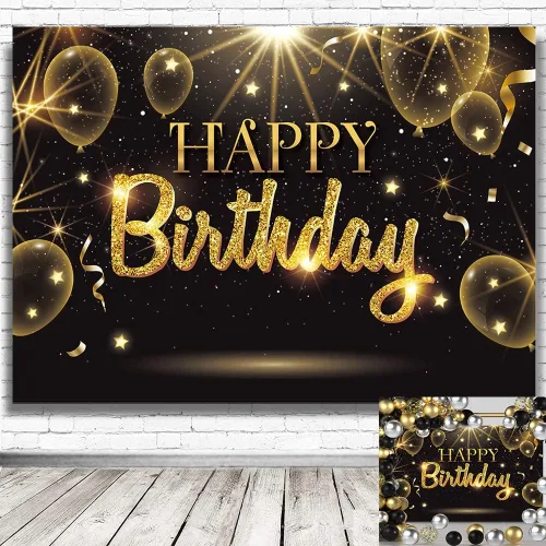 Vista 3 de Telón de fondo negro dorado para decoración de fiesta de feliz cumpleaños, cartel de globos dorados con purpurina y estrella para cumpleaños, telón