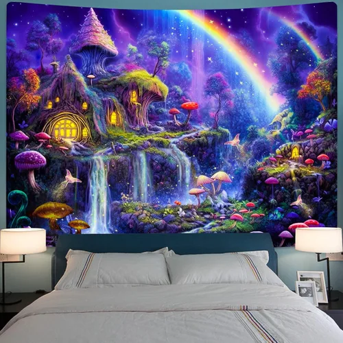 Vista 18 de Kanuyee Tapiz de luz negra de neón para colgar en la pared, bosque encantado, cascada, tapices para dormitorio, tapices UV, para colgar en la pared