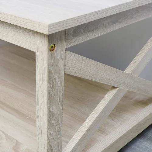 Vista 6 de Mesa de centro Rainbow Sophia, mesa de centro moderna de estilo granja en madera con almacenamiento de 2 niveles, 40 pulgadas, roble blanco