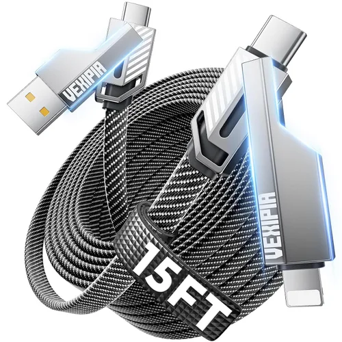 Vista 17 de Cable USB C ultra corto 4 en 1 de 0.6 pies compatible con cable Lightning [carga rápida y transferencia de datos] cable de carga plano trenzado