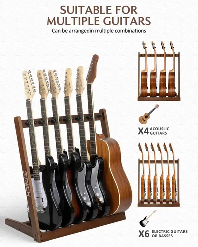 Vista 4 de SMT-10 - Soporte de madera para guitarras múltiples guitarras, soporte para 4 guitarras acústicas o 6 guitarras eléctricas y bajos, pantalla
