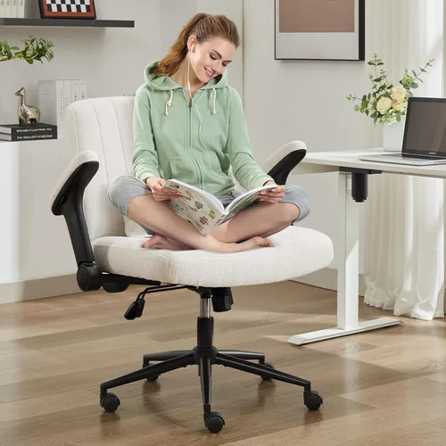 Vista 2 de IPKIG Silla cruzada con brazos abatibles ajustables, silla de tocador con ruedas, cómoda silla de escritorio con almohada lumbar, silla de oficina