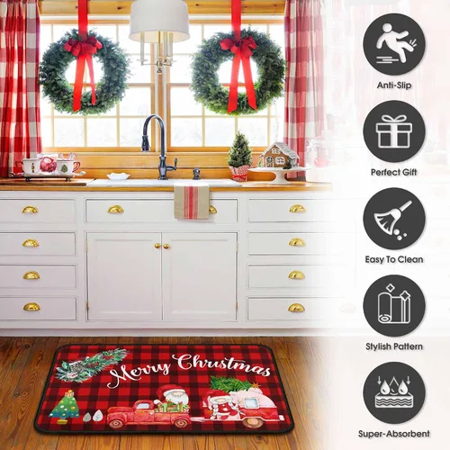 Vista 7 de 2 piezas de alfombras y tapetes de cocina de Navidad para el suelo con respaldo antideslizante, decoración de cocina de Navidad feliz, juego