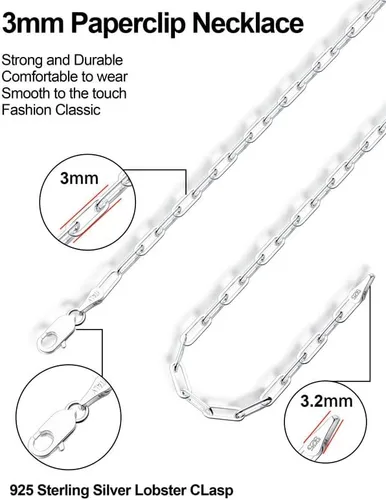 Vista 5 de ASDULL 925 Sterling Silver Clasp Paperclip Chain 2345mm Necklace for Women Men Silver Link Chain Necklace for Women 16182022242630 Inches