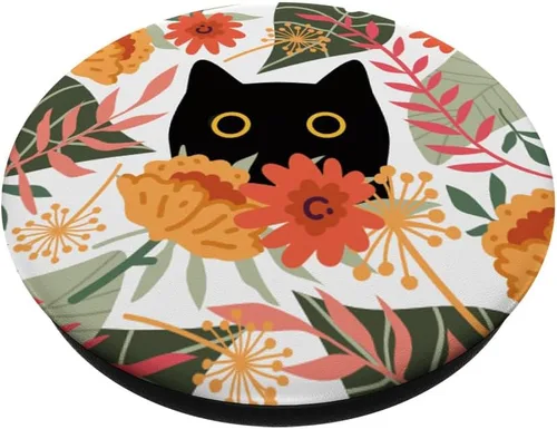 Vista 2 de Divertido gato negro escondido en flores de primavera floral verde salvia PopSockets intercambiables PopGrip