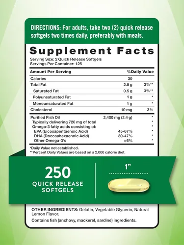 Vista 2 de Nature's Truth Aceite de pescado sin eructos de 2400 mg 250 cápsulas blandas 720 mg de Omega 3 Píldoras naturales de sabor a limón