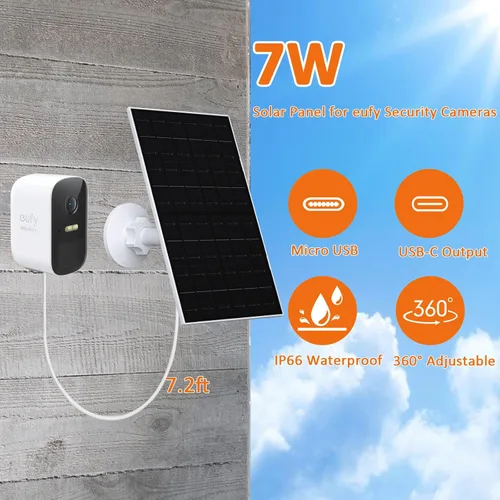 Vista 4 de Panel solar de 7 W para cámara de seguridad, cargador de panel solar compatible con Eufycam 2C/2C Pro/2/2 Pro/E20/E40/E, panel solar USB con puerto