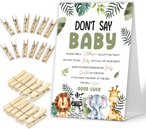 Vista 7 de No digas juego de bebé, Here Comes the Sun, juego de baby shower incluye letrero de baby shower y 50 pinzas para la ropa, decoración de baby shower