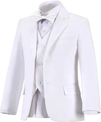 Vista 5 de Addneo Conjunto de trajes formales para niños con camisa de vestir y corbatín, Blanco