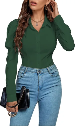 Vista 4 de LYANER Leotardo de manga larga abombada con cuello para mujer, color verde oscuro, talla XL, Verde oscuro