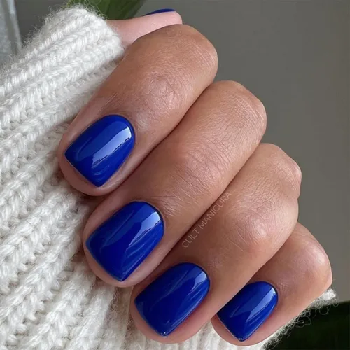 Vista 2 de Uñas postizas a presión azules cortas cuadradas con diseños, uñas postizas de color sólido, uñas acrílicas brillantes de cobertura completa