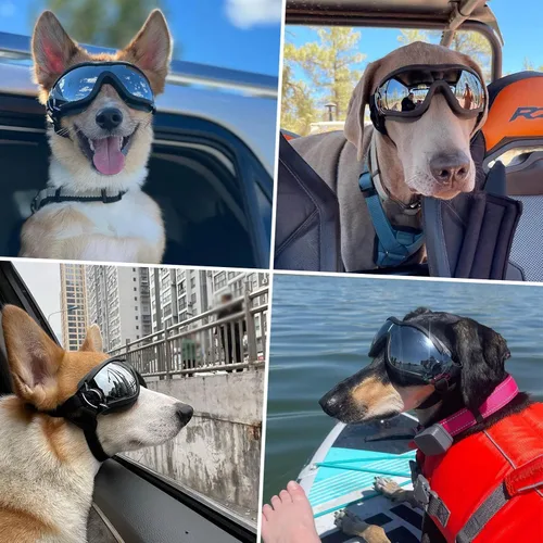 Vista 5 de Paquete de 2 gafas de sol para perros de raza mediana a grande, protección ocular anti-UV con correas ajustables, color plateado Paquete de 2