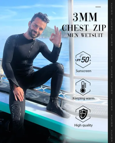 Vista 3 de XUKER Traje de neopreno para hombre y mujer, 0.118 pulgadas, con cremallera frontal, cuerpo completo, manga larga, traje de buceo en agua fría