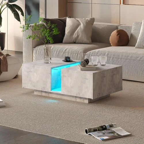 Vista 10 de HedoAjim - Mesa de café LED negra para sala de estar, mesa rectangular de sala de estar con almacenamiento, mesas de café acrílicas con 2 cajones