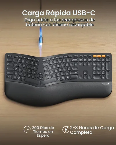 Vista 6 de ProtoArc Teclado ergonómico Bluetooth retroiluminado, EK01 Plus, teclado inalámbrico dividido de tamaño completo con Bluetooth dual y USB