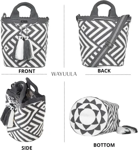 Vista 4 de Mochila colombiana Wayuu, 100 % auténtica, diseño minimalista bohemio, tejido a mano, ganchillo, bolsa cruzada para mujer, Marrón, beige, negro.